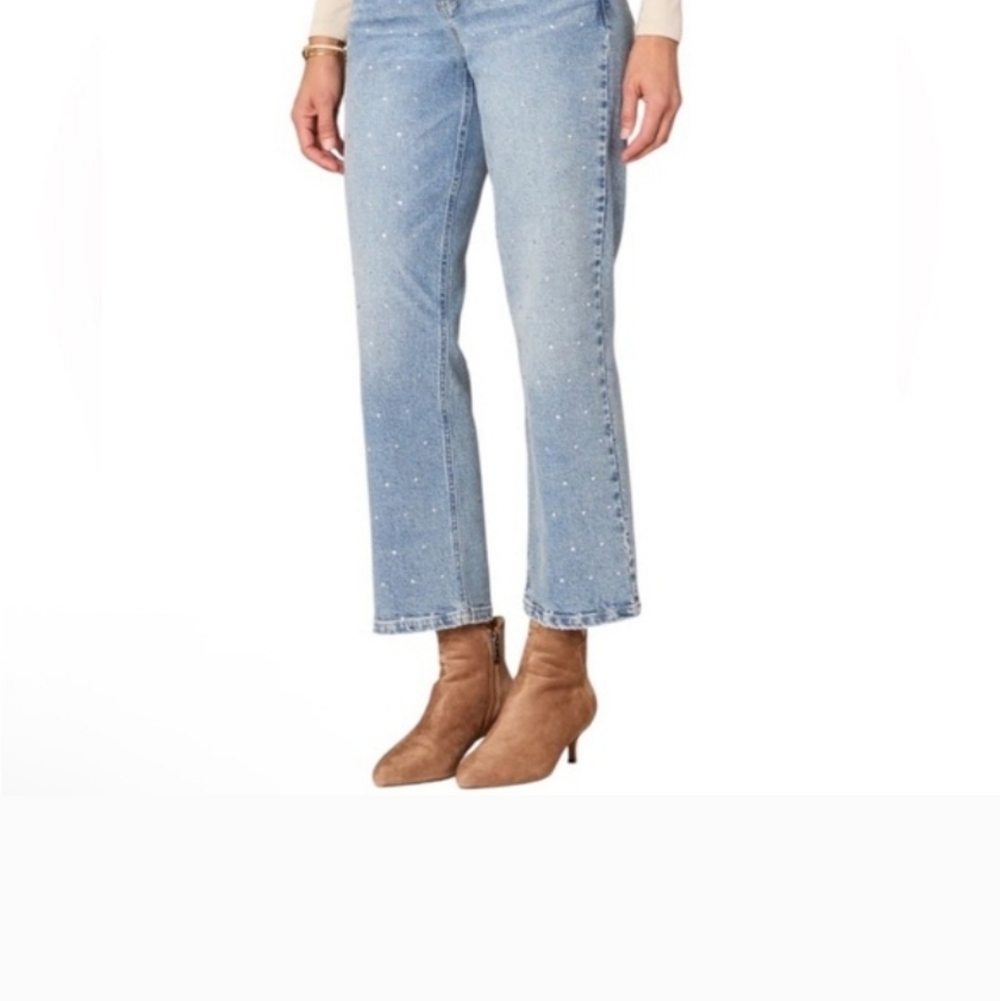 New NWT Democracy Med Blue High-Rise Boyfriend Rhinestone Round Up Jeans Size 8
